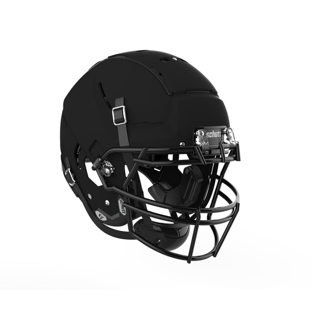 casco de fútbol schutt f7 vtd collegiate ropo nb vc large negro mate, vista 3/4 frontal con máscara facial de acero al carbono y acolchado TPU visible; placas Tektonic en zonas de impacto y almohadilla de mandíbula ampliada para ajuste estable; también usado para prácticas y transporte de casco.