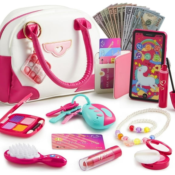 JOYFY 27PCS Play Purse Set, Pretend Play Purse Set for Little Girls with Handbags, Makeup, Phone, Wallet, Jewelry, Lipstick & Keys - Ideal Christmas Birthday Gifts for Toddlers Kids