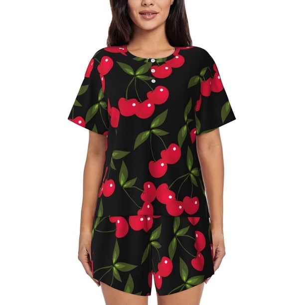 Fotbe Cherry Conjunto de Pijama Estampado para Mujer, 2 Piezas, Ropa de Dormir con Camiseta de Manga Corta y Shorts Suaves-Small