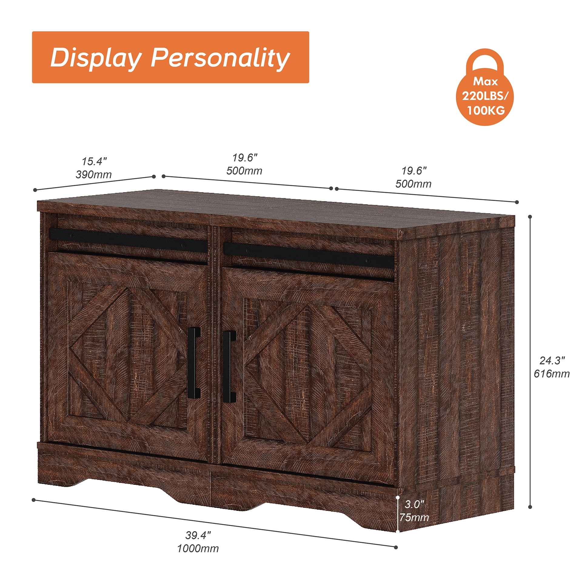 WAMPAT 24.3-inch Tall Farmhouse End Table Set of 2 with Drawer and Barn Door Cabinets for Living Room,Wood Scoring-Style Purposeful Distressing,Rustic Brown