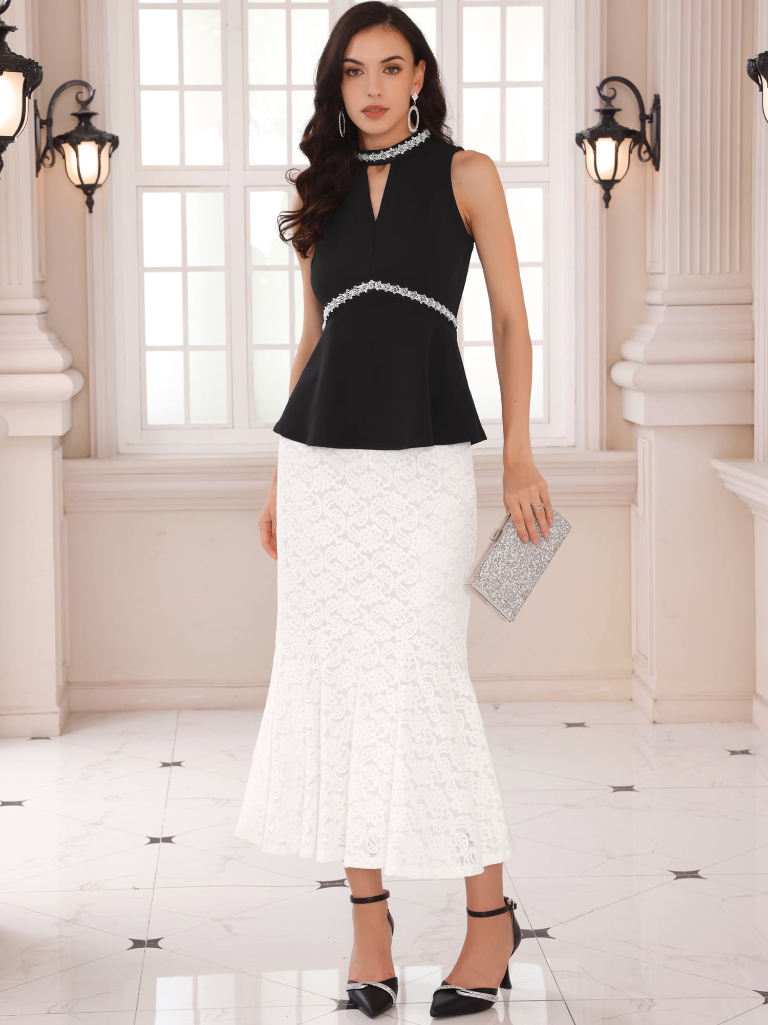 DARING DIVA Women's Lace Ruffle Hem Midi Mermaid Skirts XL White