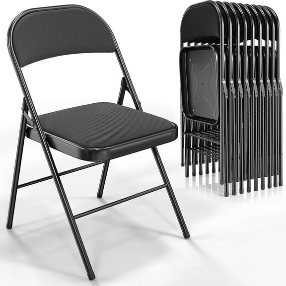 VINGLI Folding Chairs with Padded Seats, Metal Frame with Fabric Seat & Back, Capacity 350 lbs, Black, Set of 10