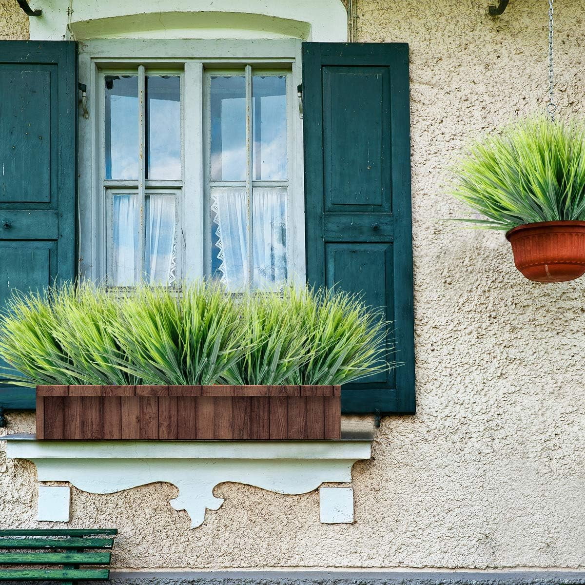 24 Bundles Artificial Ferns for Outdoors Fake Boston Fern Large Greenery Plants UV Resistant Faux Plastic Plants Shrubs for Garden Front Porch Window Box Indoor Outdoor Decoration (Green Grass)