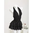 thumbnail image 3 of Black & White Polka Dot Deep V-Neck Halter Backless Fitted Mini Dress with Ruffle Hem, 3 of 8