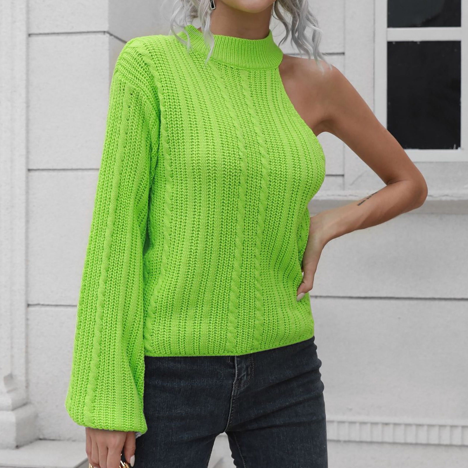 symoid Women's Pullover Sweaters- Casual Long Sleeve Solid One Shoulder  Pullover Knit Autumn Sweater Tops Green L - Walmart.com