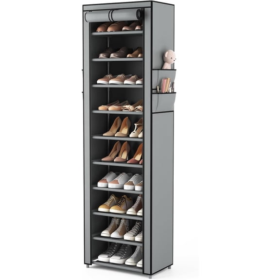 Vertical Narrow Shoe Rack Organizer Tall Shoe Rack for Closet Entryway 10 Tier Non-Woven Cover Shoe Shelf Holds 20-22 Pairs Free Standing Shoe Storage Cabinet with Dustproof Cover, Grey