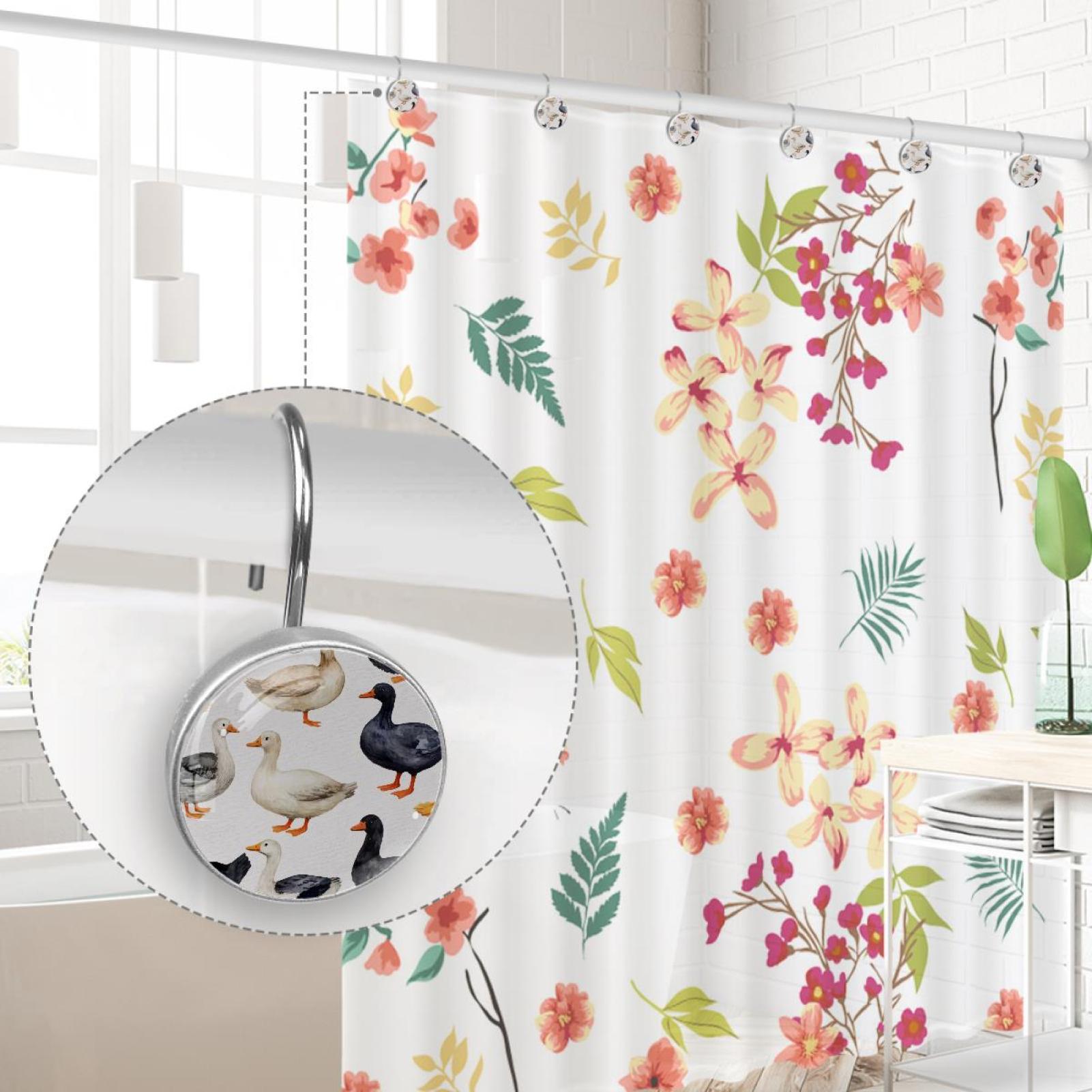 Black White Indian Runner Ducks Shower Curtain Hooks Round Crystal Glass, Set of 12 Shower Curtain Rings - Shower Hooks for Curtain Shower Rings