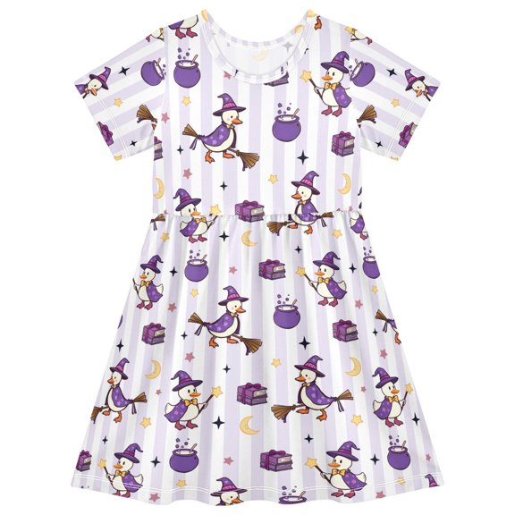 FORMRS Girls Short Sleeve Dress Summer Casual Round Neck A-line Beach Sundress, Sizes 2T-8T, Purple Halloween Gooses