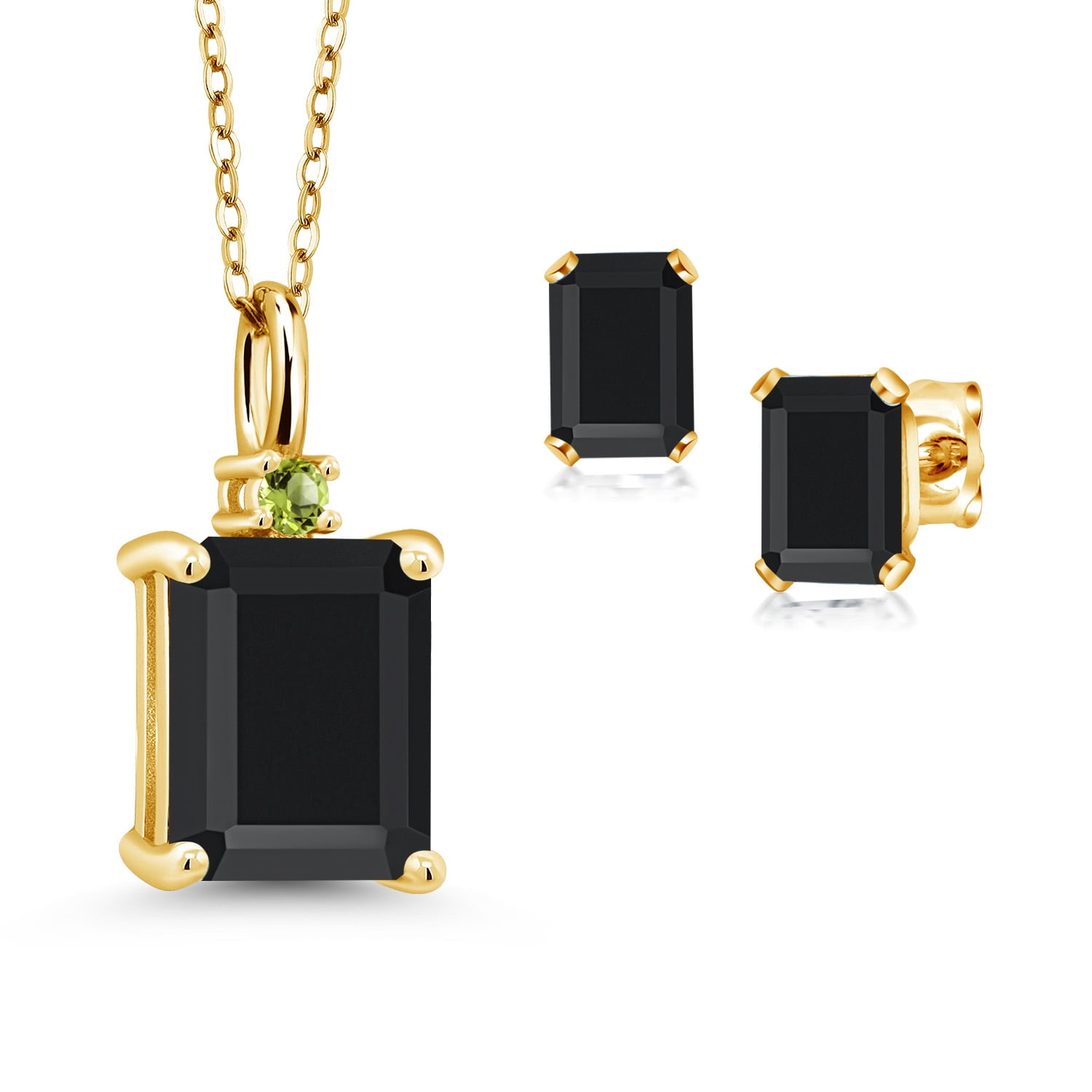 18K Yellow Gold Plated Silver Black Onyx and Green Peridot Pendant and Earrings Jewelry Set for Women (4.30 Cttw, Gemstone December Birthstone, Emerald Cut 10X8MM and 6X4MM, with 18 inch Chain)