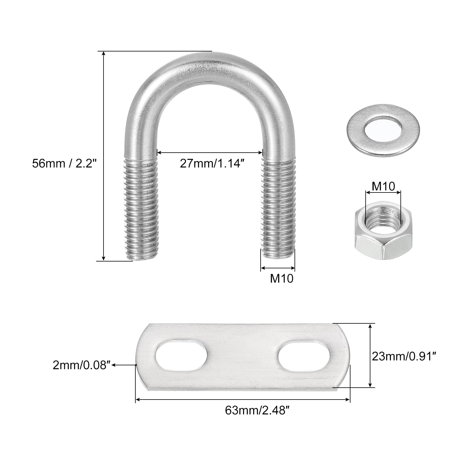 Round U-Bolts, 8 Sets 25mm(0.98") Inner Width 56mm Length M10 304 Stainless Steel U Clamp Bolt with Nuts and Plates