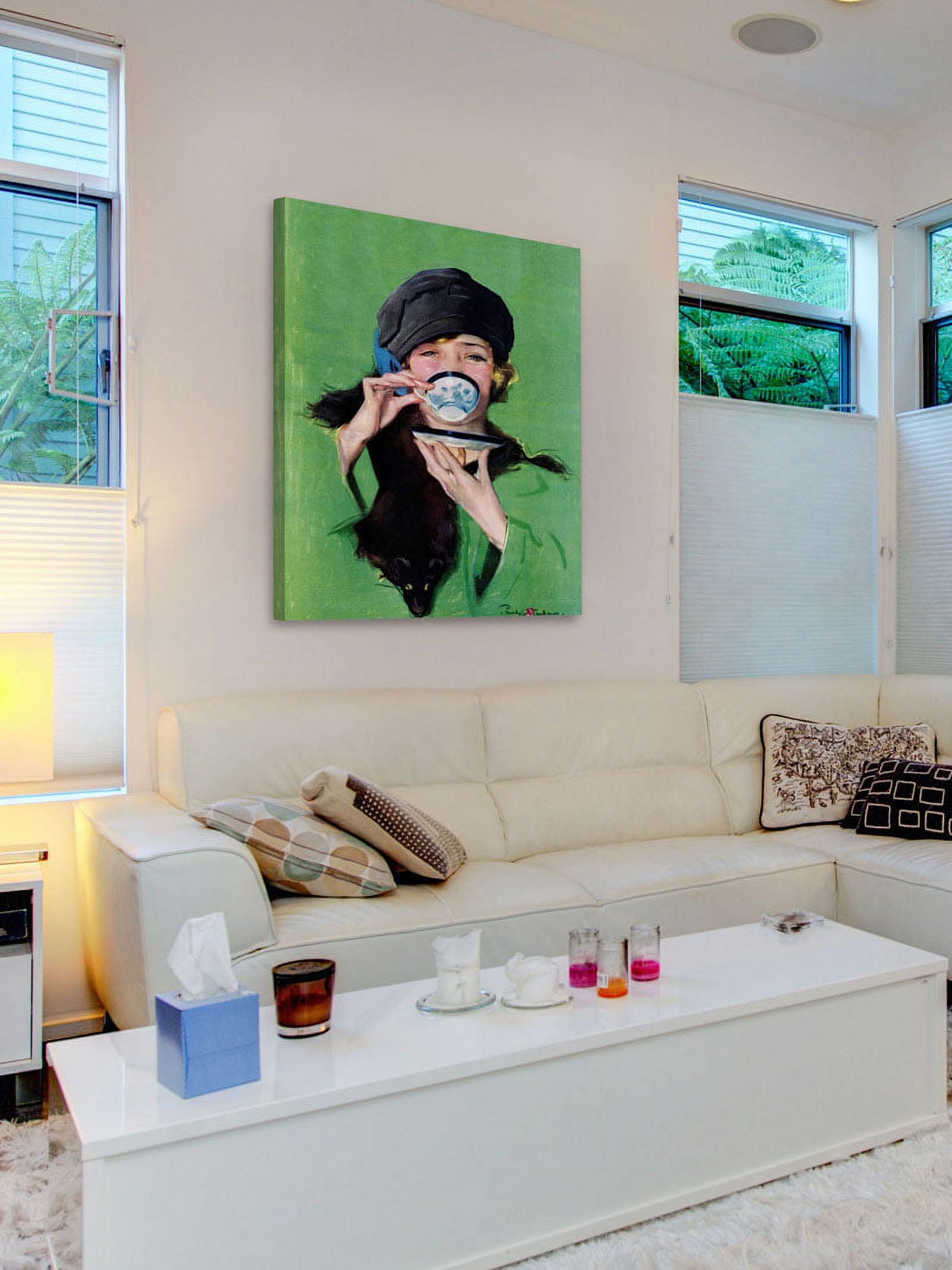 Marmont Hill "Elegant Lady Drinking Cup of Tea" by Penrhyn Stanlaws Painting Print on Canvas