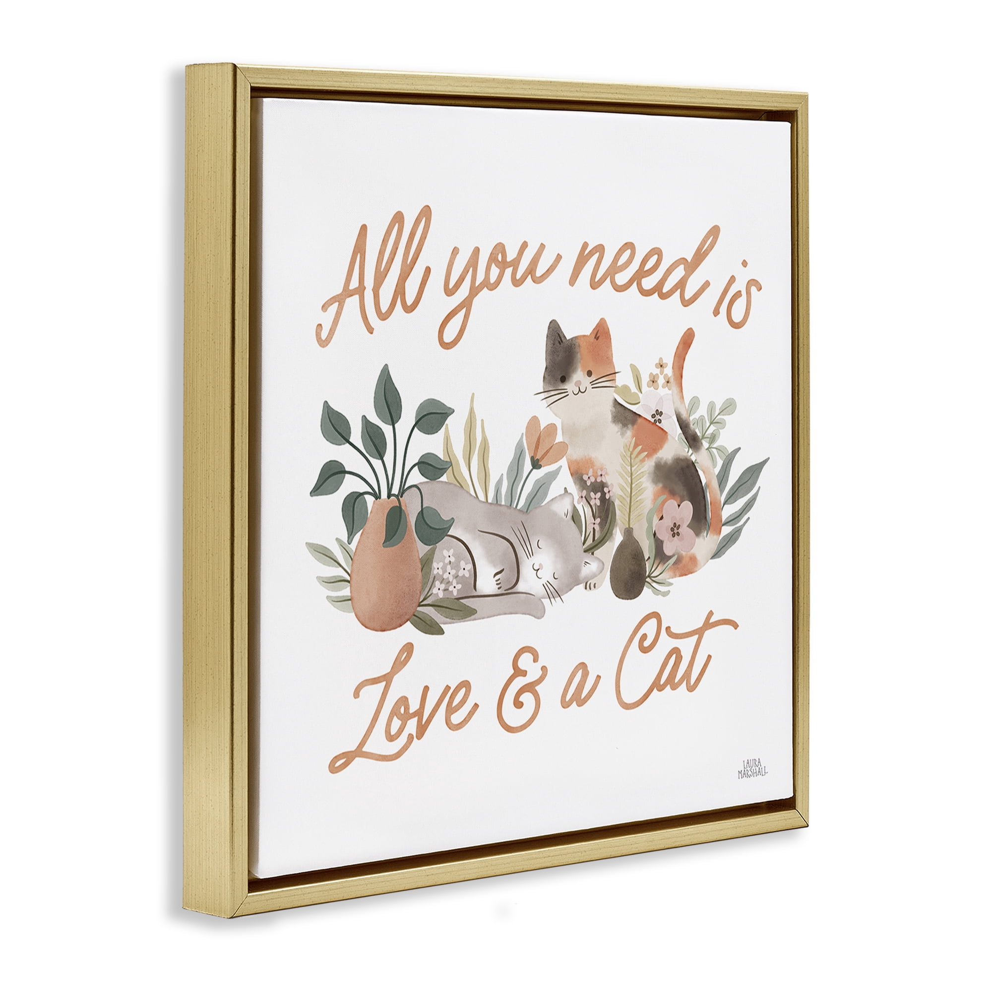 Stupell Industries Love & A Cat Phrase Animals & Insects Painting Gold Floater Framed Canvas Art Print Wall Art, 25 x 25
