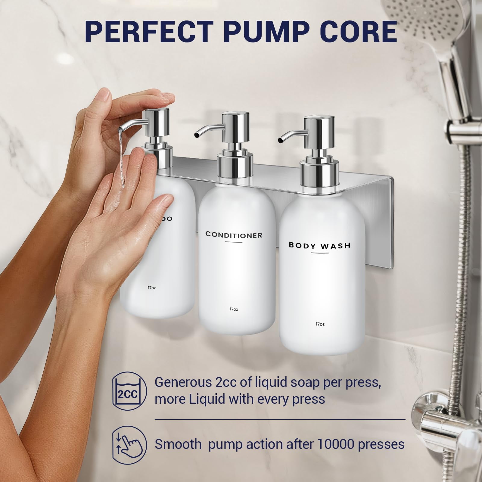 Shampoo and Conditioner Dispenser - Shower Soap Dispenser Wall Mounted - 17 fl oz Set of 3 Silver Plastic Bottles Black Pump - Shampoo Dispenser, Shower Dispenser