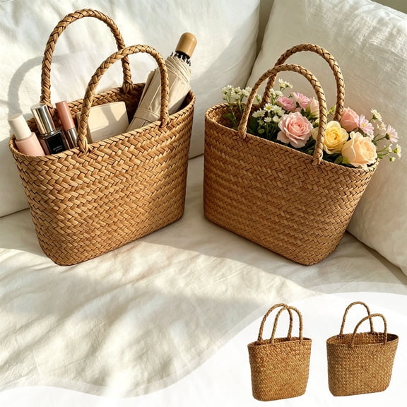 Handwoven Plastic Beach Tote Bag, Khaki Summer Handbag, 11.81 x 11.02 x 1.57 Inches