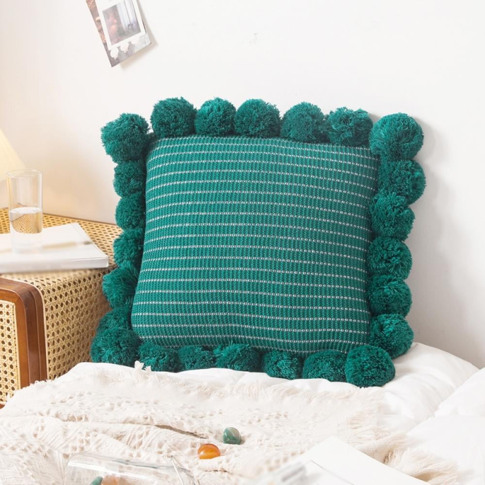 Knitted Pillow Covers with Pompoms Tassel Boho Striped Cable Knit Throw