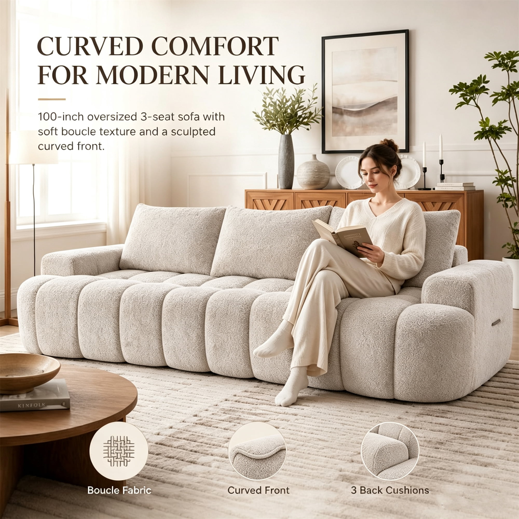 Aukfa 100" Oversized Boucle Cloud Sofa Deep Seat Boneless Couch with Curved Front for Living Room, Camel