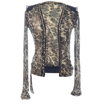 Cheetah Print Cardigan - Anna-Kaci Womens Sheer Brown Cheetah Print Gold Chain Silver Bead Open Cardigan
