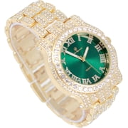 Charles Raymond Bling-ed Out Ultimate Hip Hop Royalty Mens Watch w/Easy Reader Roman Numeral or Diamond Time Indicators - L0504RN Gold Money Green - L0504
