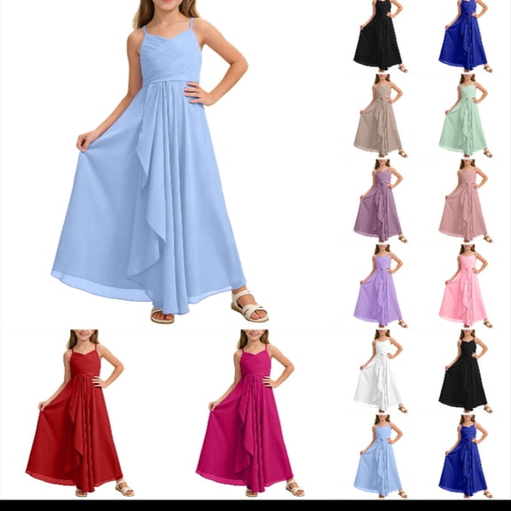 QHFBli Kids Chiffon Spaghetti Strap Bridesmaid Dress, Girls A-Line Maxi Dresses Wedding Party Pageant Gown BU1 13-14 Years