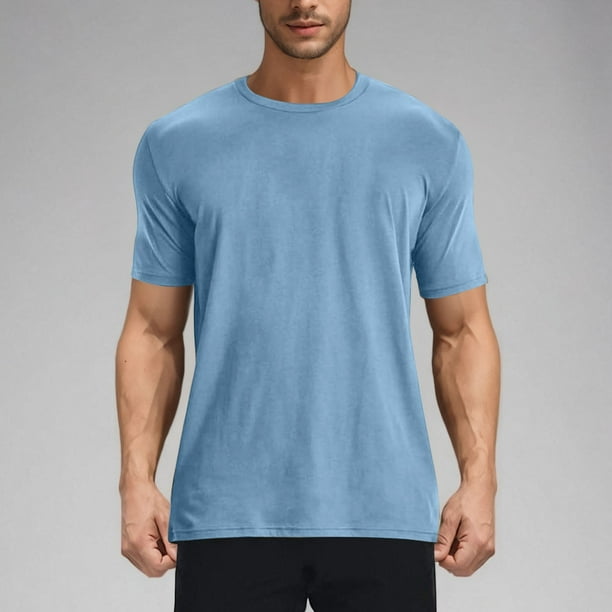 Tops para hombre, blusas y camisas de cuello redondo y manga corta para hombre, jersey deportivo informal elástico de color liso para hombre, blusas de poliéster de manga corta con cuello redondo para