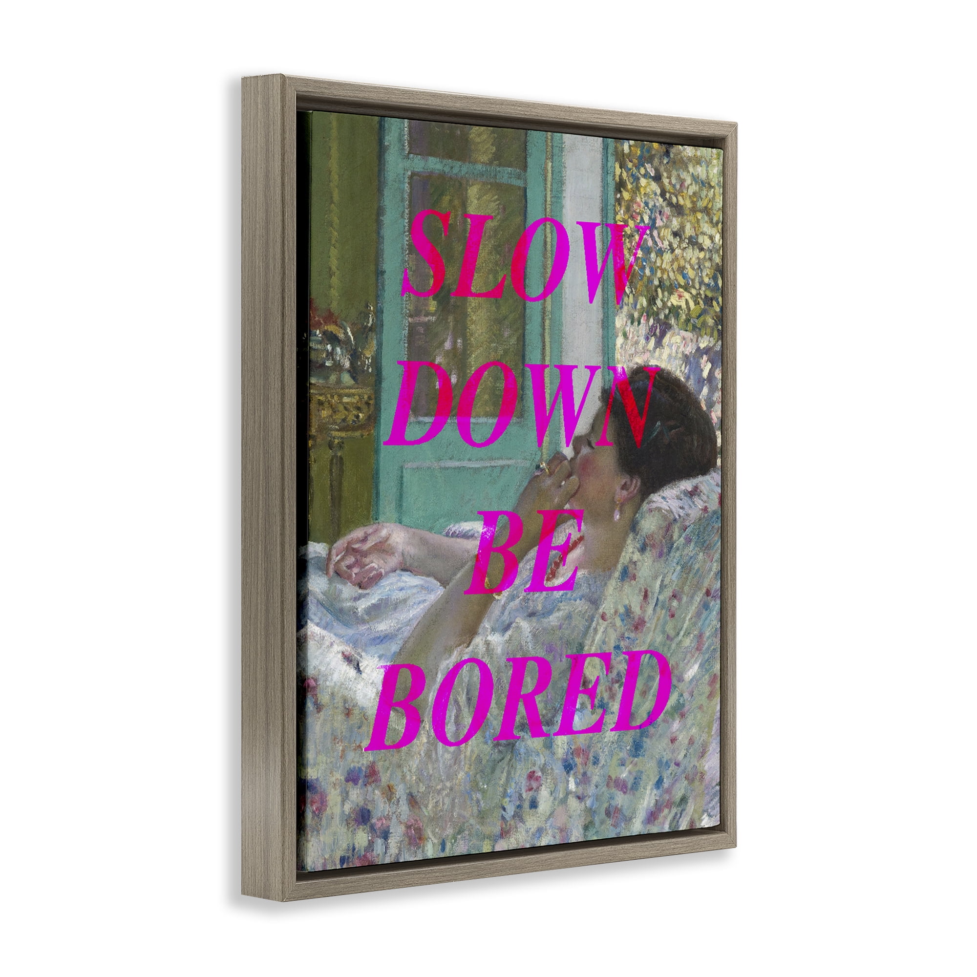 Slow Down Be Bored Classic Brown Framed Floater Canvas Wall Art, design by Lil' Rue