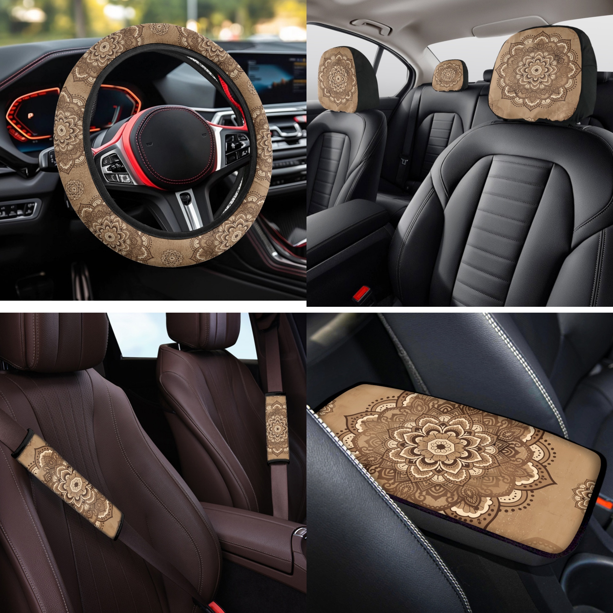 Jeiento Vintage Boho Mandala Front Back Seat Cover Set of 14 Steering Wheel Cover Seat Belt Pad Armrest Cover Pad Head Rest Covers Coasters Keychain Fit for SUV Van Truck Sedan