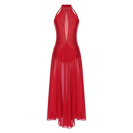 Jizyo Women Rhinestones Sparkly Lyrical Dance Dress Halter Split Dress Contemporary Dancewear Red L