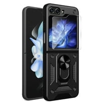 Dteck for Samsung Galaxy Z Flip 5 Case wtih Screen Protector, Samsung Z Flip 5 Shockproof Phone Case, Rugged Heavy Duty Cover with Magnetic Ring Holder Stand,Black
