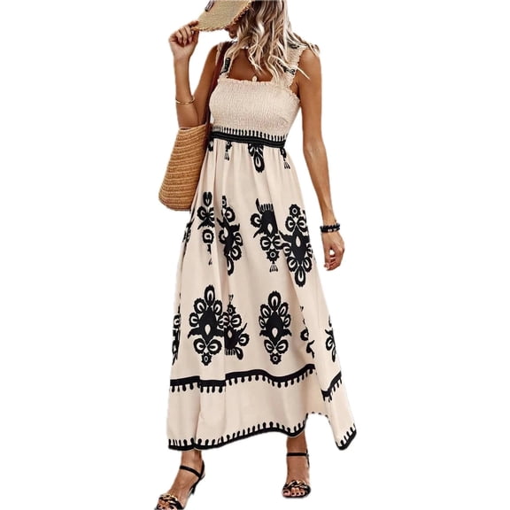 Women's Smocked Printed Wide Strap Maxi Dress Ruched Sheer Bodice Opaque No Stretch 95% Polyester 5% Elastane Chic