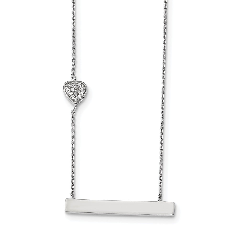 Jewel Tie Sterling Silver CZ Cubic Zirconia Heart with Bar with 2in ext Necklace Chain 1mm with Secure Lobster Lock Clasp