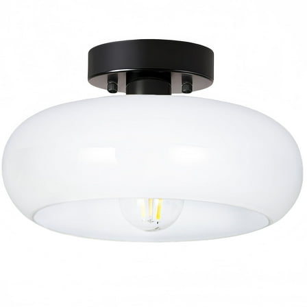 Semi Flush Mount Ceiling Light,11inch Mid-Century Modern Light Fixture,Black Hallway Light Fixtures with White Milk Glass Shade,Vintage Lighting fixtures for entryway,Bedroom,Kitchen,Porch