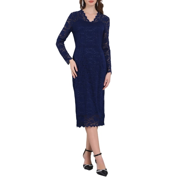 VESTIDO MIDI DE ENCAJE FLORAL CON MANGAS LARGAS TRANSPARENTES Y ESCOTE EN V M NAVY BLUE