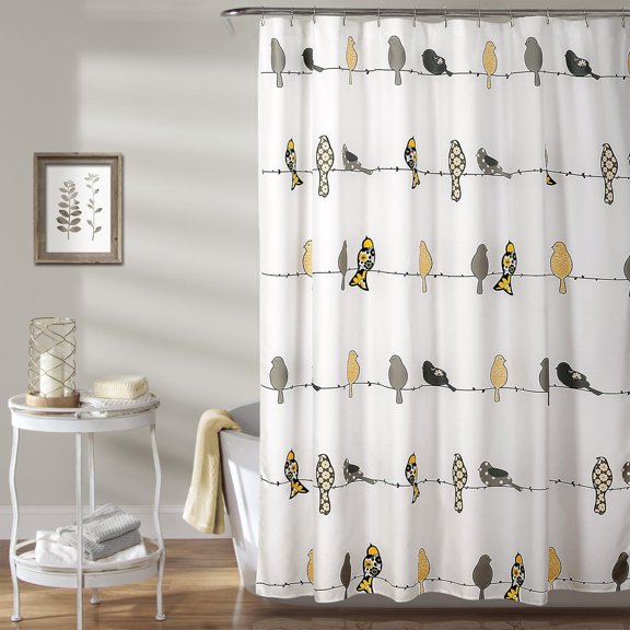 Rowley Birds Shower Curtain, 72” W x 72” L, Yellow & Gray - Colorful Floral Bird Pattern - Whimsical & Playful Bird Shower Curtain - Farmhouse, Coastal, & Boho Bathroom Decor