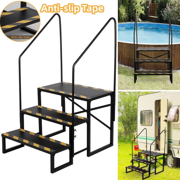 Qunbio 3 Steps RV Stairs with Anti-Slip Tapes & 2 Handrails, Hot Tub Steps, Mobile Home Stairs for RV & Travel Camper Trailers