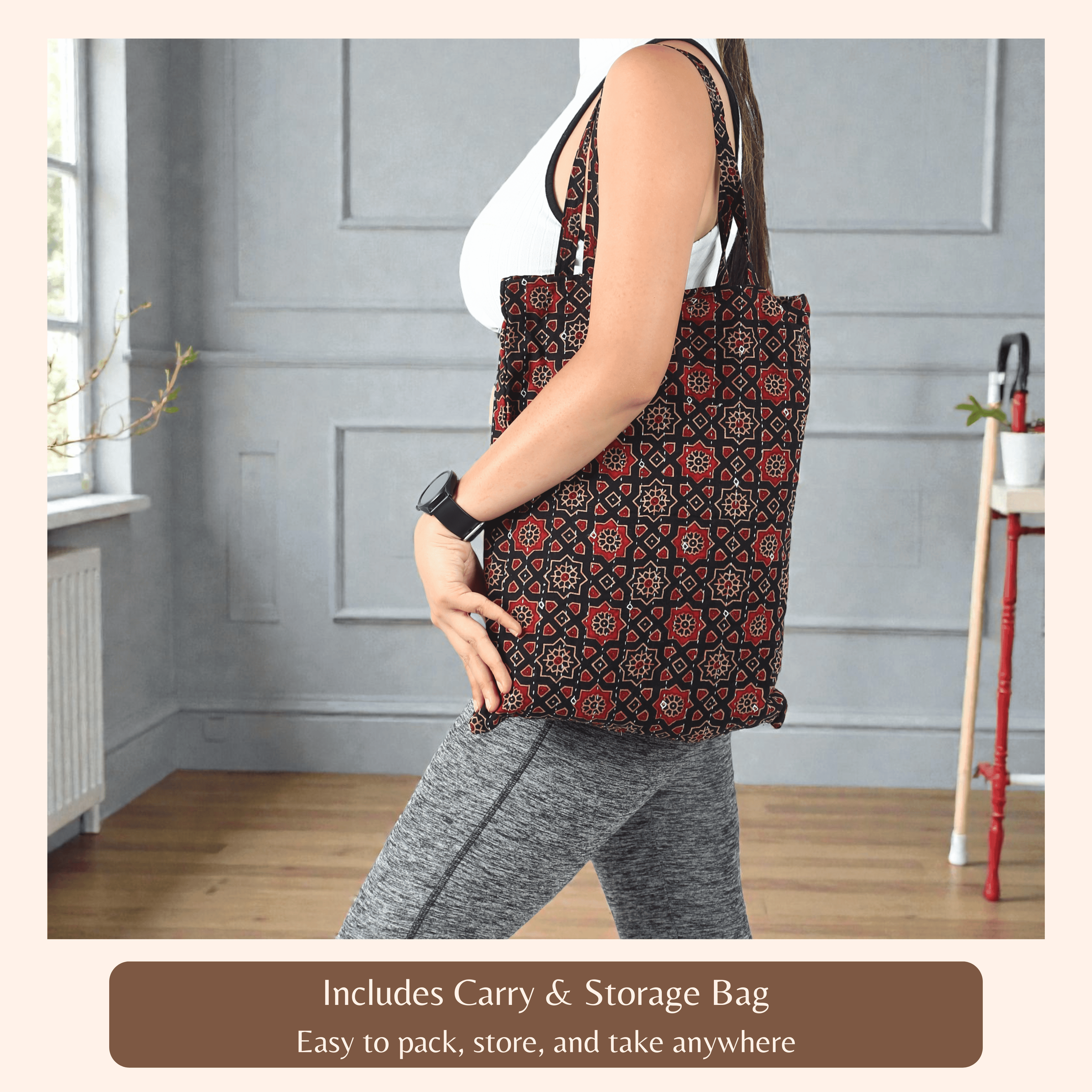 Vivanta Yoga Mat 72x24 inch Cotton Block Print Patchwork, Non Slip Exercise Meditation with Carry Bag