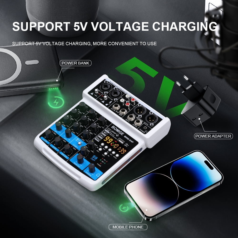 BOMGE 4 Channel mini DJ Audio Sound Mixer Interface with MP3 USB, Bluetooth, Stereo Recording, 48V Phantom Power, 24 DSP for karaoke, performance, church singing  podcas streaming- white