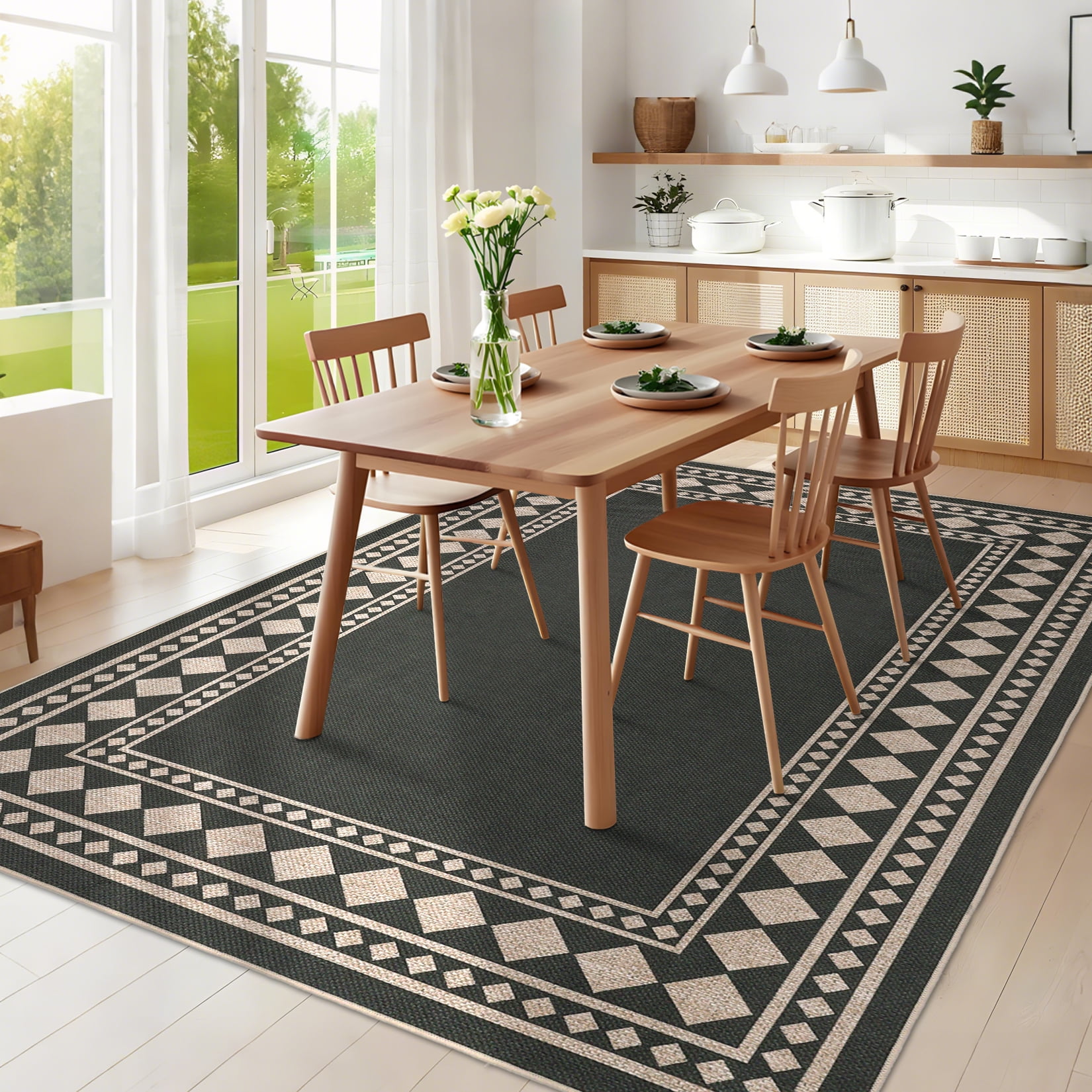 Garvee 5'x7' Modern Bordered Rug Solid Area Rug, Geometric Washable Rugs Stain Resistant Low Pile Rug Non Slip Indoor Outdoor Carpet for Living Room Bedroom Home Office, Black