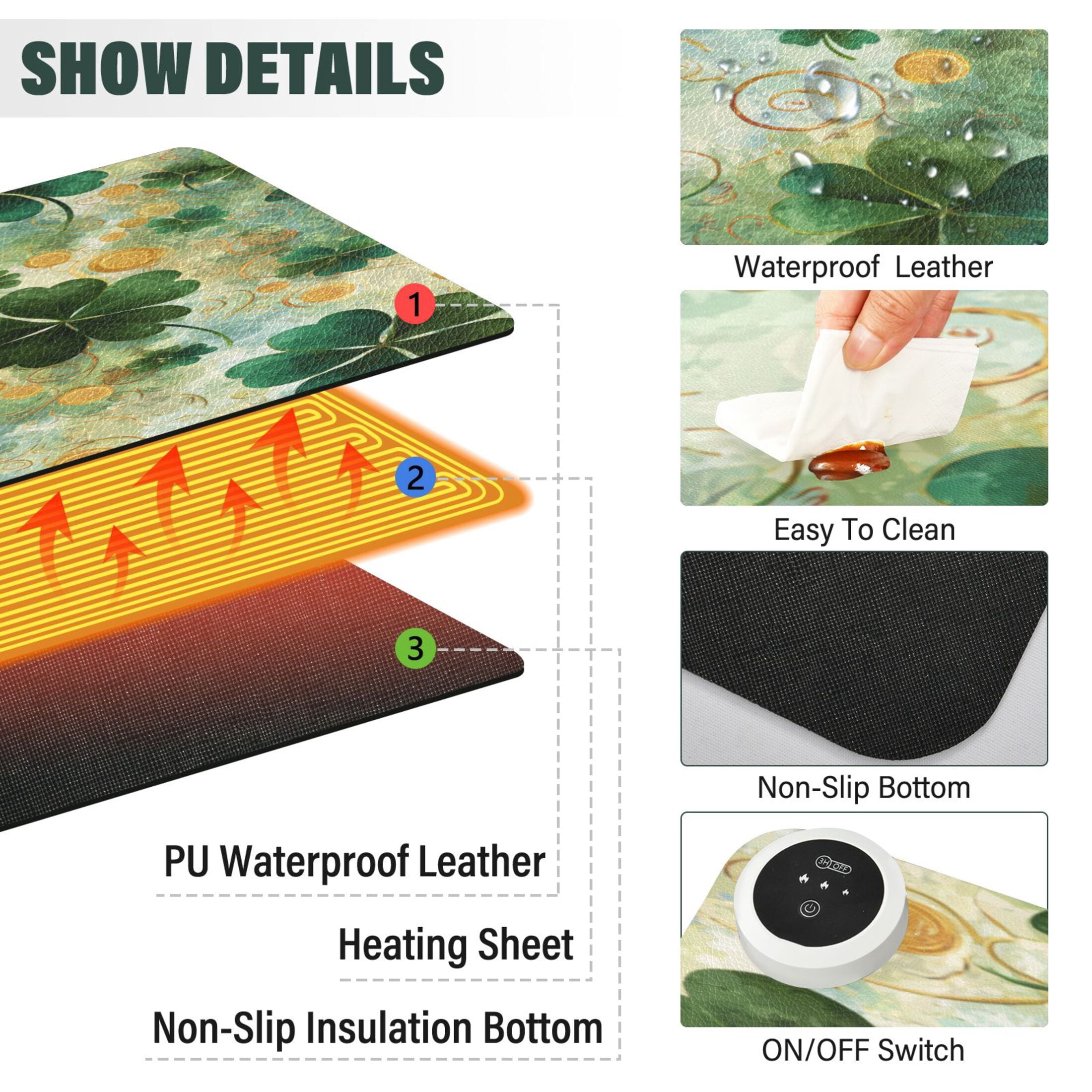 Large Heated Desk Mat Mouse Pad 31.5"x13"PU Leather Graphene Heating Desk Warmer with 3 Temperature Settings 110V US Plug Non-Slip Warm Pad for Home, Office, and Gaming Lucky Clover Coin Pattern