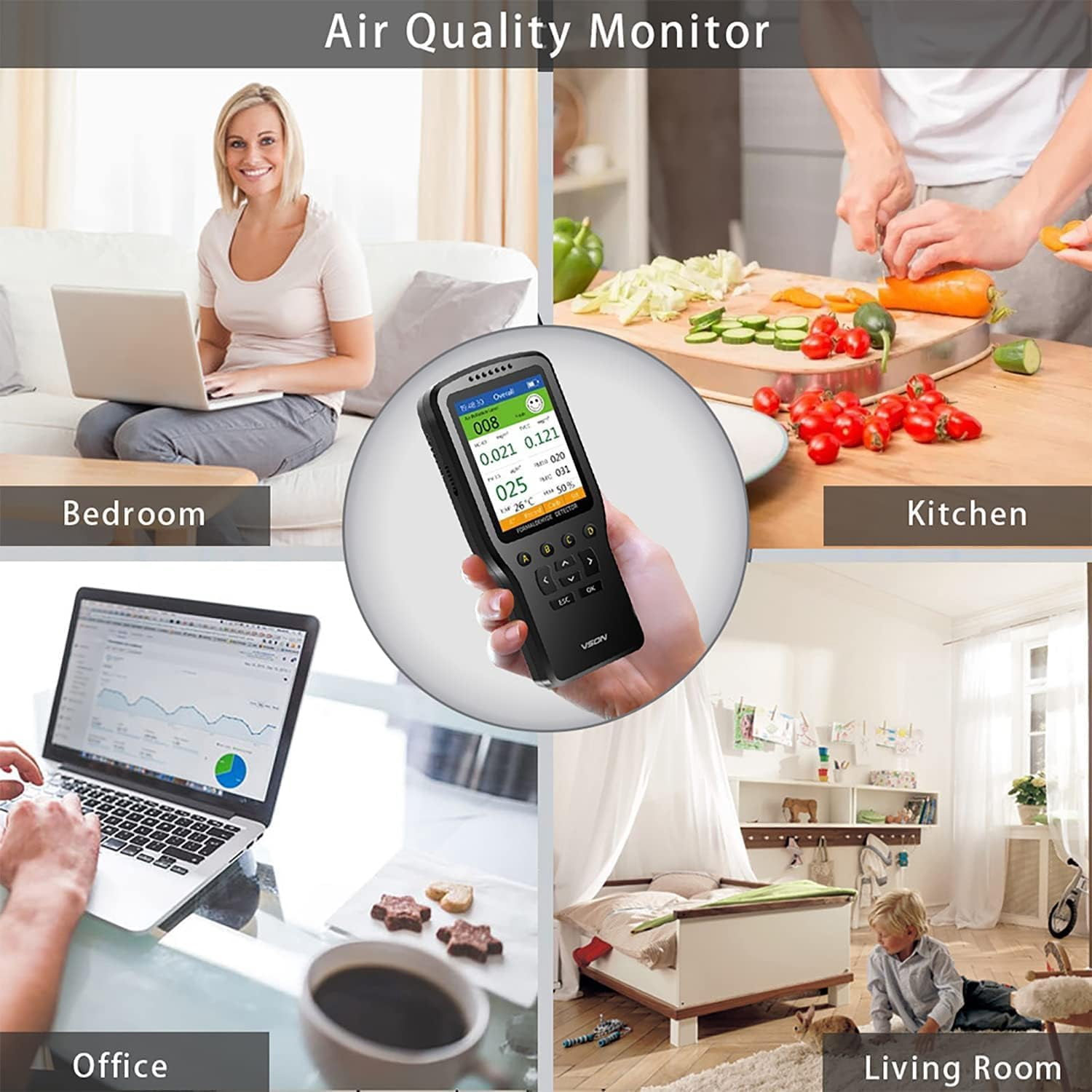 Air Quality Monitor. Nested sensors simultaneously detect Indoor Humidity, Indoor Temperature, and Volatile Harmful Gases Such as Formaldehyde, Benzene, and Ketones in The air.