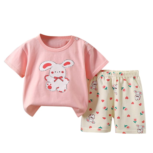 Odeerbi 2-10 Años Conjunto de Verano Para Niñas Camiseta Corta de Algodón Con Estampado de Conejos Conjunto de Dos Piezas