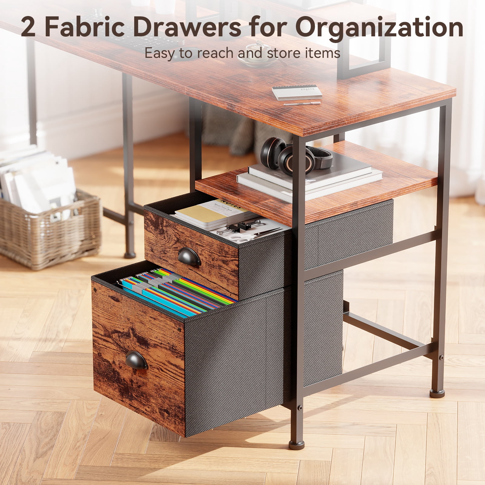 Satifur Computer Desk 66" L-Shaped, Corner Desk with Power Outlet, Reversible Gaming Desk, Rustic Brown