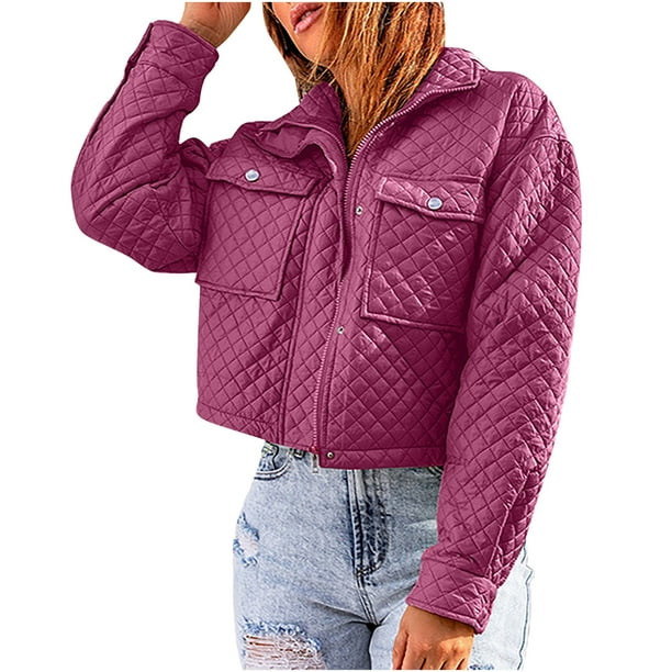 IROINNID Women's Short Blouson Jacket Jacket Solid Color Long Sleeve  Leisure Loose Zipper Short Jacket, Hot Pink