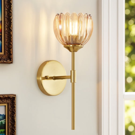 Deyidn 14.57" Vintage Iron Arm Wall Sconce, 1-Light with Amber Tulip Glass Shade for Bathroom or Entryway