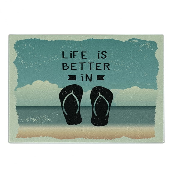 Flip Flop Cutting Board, Scribbled Hand Drawn Style Beach Sandals with a Message on Oceanic Background, Decorative Tempered Glass Cutting and Serving Board, Small Size, Multicolor, by Ambesonne