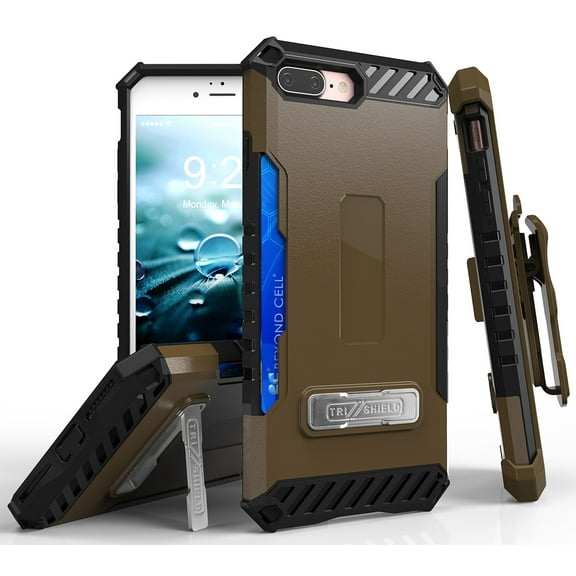 Case with Clip for iPhone 8 Plus, Tan Black Tri-Shield Rugged Cover and Belt Hip Holster [Kickstand   Credit Card Slot   Strap] for Apple iPhone 8 Plus, iPhone 7 Plus
