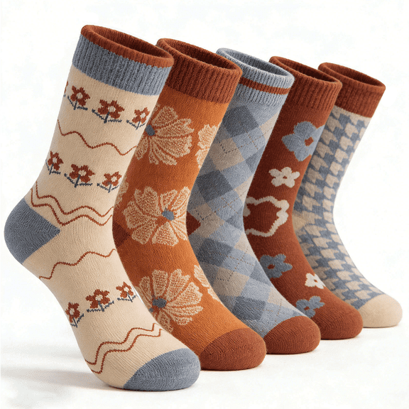 Farcauo 5 Pairs Socks for Women Vintage Thick Fall Socks Cute Flower Wool Socks for Women