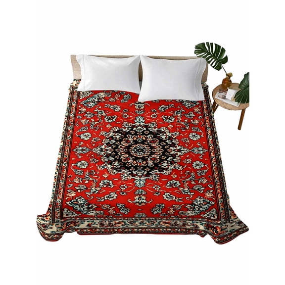 Red Bohemian Flat Sheets Only King Size, Soft Breathable Bed Top Sheets for Mattress, Boho Flower Abstract Modern Retro Art Luxury Bedding Flat Sheets for Home Hotel Bedroom Bed Protection