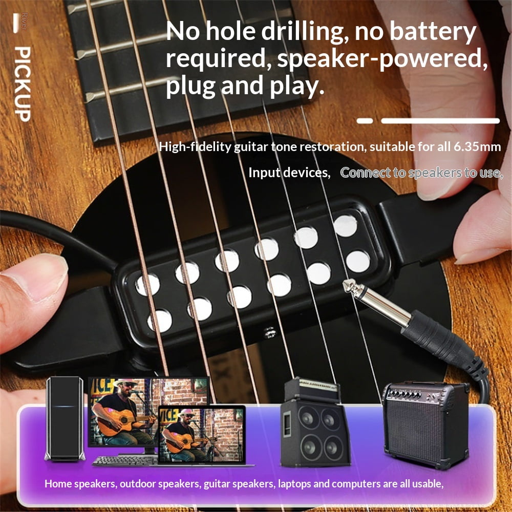 12 Soundhole Acoustic Guitar Pickup Electric Transducer Magnetic Preamplifier with Capo & 10 FT Audio Cable