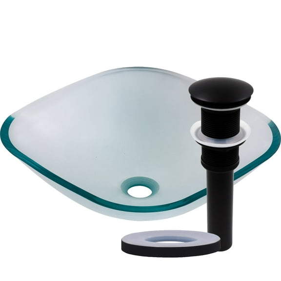 Novatto TIG-8017MB Piazza Clear Square Glass Vessel Bathroom Sink with Matte Black Pop-Up Drain, Mounting Ring