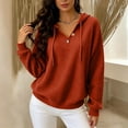 thumbnail image 5 of MexChoioe Womens Hooded Sweatshirt Waffle Knit Henley V Neck Button Placket Drawstring Hood Long Sleeve Pullover Hoodie, 5 of 6